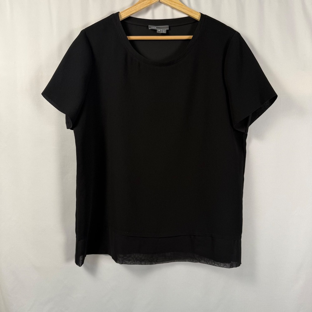 Vince Black Short Sleeve Scoop Neck Sheer Chiffon Hem‎ Top Blouse Womens M